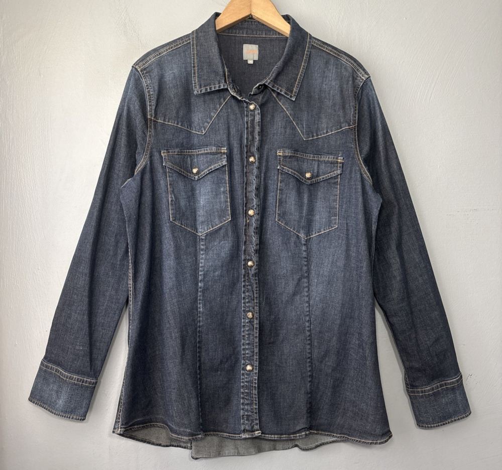 Jag Pearl Snap Western Denim Shirt Size XL Dark Blue Jean Fitted Cowgirl Chic